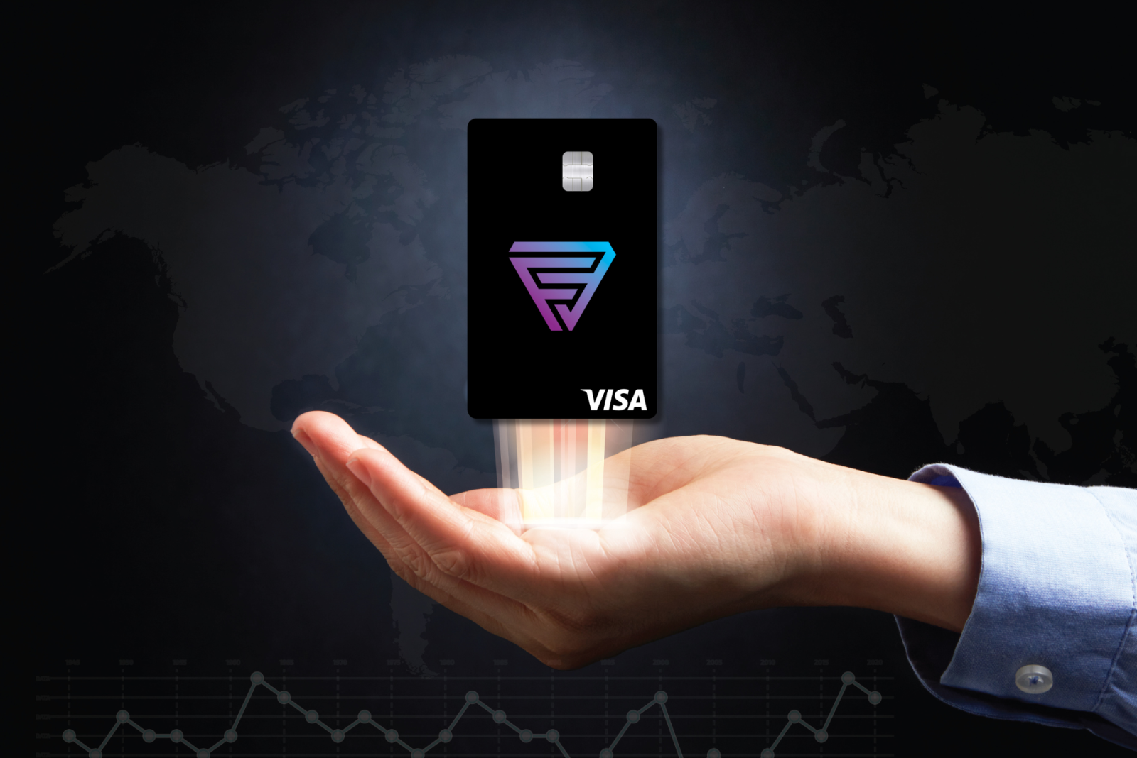 Hand holding a futuristic black Visa card with a glowing logo, world map in the background.